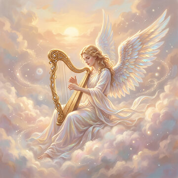 A blonde angel with feathered wings sits on clouds playing a golden harp surrounded by soft light and celestial elements.
