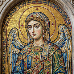 Naklejka premium An angelic figure with feathered wings and a golden halo gazes forward, adorned in a richly detailed mosaic robe.