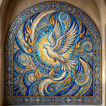 A white dove with outstretched wings flies through rays of light amidst blue, gold, and white mosaic patterns, framed by stonework.