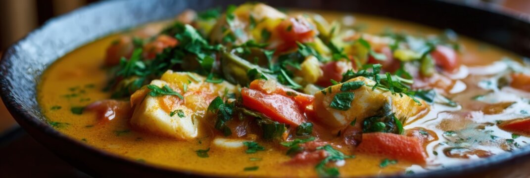Delicious Fish Stew with Fresh Herbs and Vegetables in Rustic Bowl