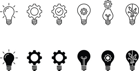 Light bulb and gear icon set, idea innovation creativity symbols, brainstorm thinking process, technology solution black line icons vector collection © Shiblee