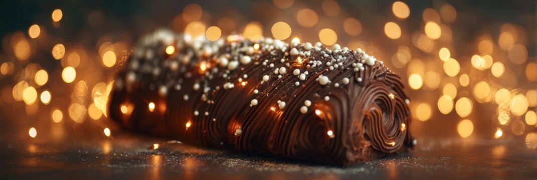 Festive Chocolate Yule Log Cake with Sparkling Bokeh Lights