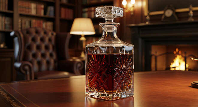A decanter of whiskey sits on a wooden table in a cozy study