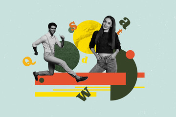 Naklejka premium Art full zine photo collage of happy girl guy student library academic book stack education learner letters vocabulary encyclopedia