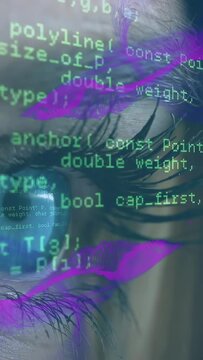 Vertical video: Opening iris and lashes on set as magenta cubes sweeping, green code moving, fusing