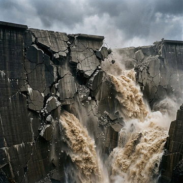 A massive concrete dam has catastrophically failed, with water torrenting through the immense structural damage under a stormy sky.