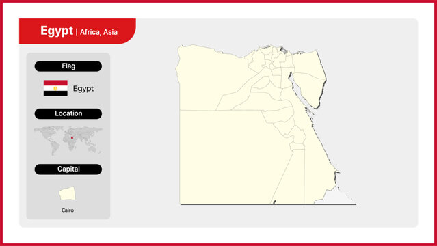 Vector illustration map of Egypt. Includes national flag, location, and capital information.