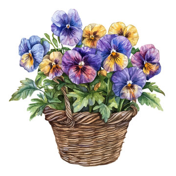 watercolor of Pansy Bouquet In A Basket A draw graphic, isolated on a white background.