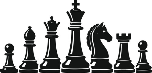 Chess pieces black silhouette set, king queen bishop knight rook pawn full row standing figures, classic board game vector illustration collection © Shiblee