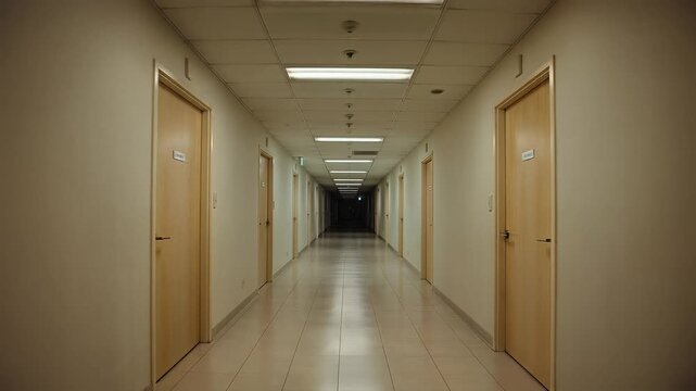 Long sterile hallway with closed doors and bright overhead lighting in a modern institutional building.