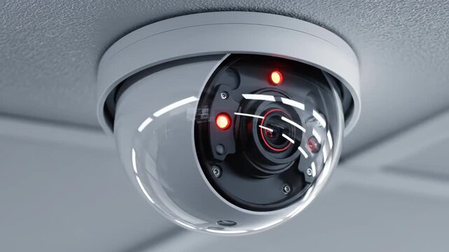 A modern dome security camera with blinking red lights mounted on a ceiling, providing constant surveillance and protection.