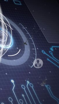 Main ring rotating on dark grid, circuits appearing and sweeping arcs selecting business avatars