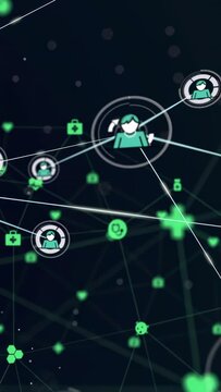 Vertical video: Green glow pulsing, avatars appearing, network linking heart cross icons for care