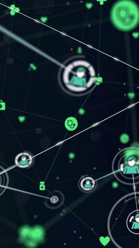 Vertical video: Faint symbols sparking teal badges forming health network, connecting care teams