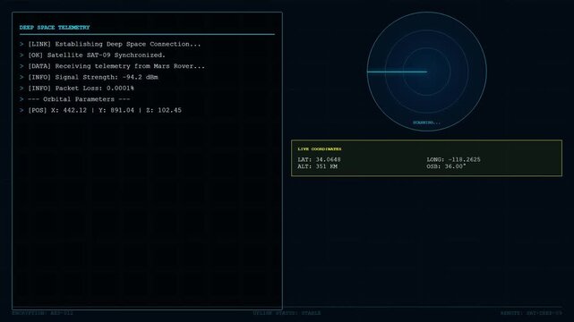 Deep Space Telemetry Interface with Mars Rover Connection and Orbital Parameter Display.