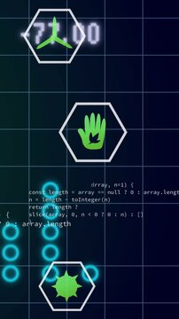 Vertical video: Values changing, green hand moving, nodes pulsing, code scrolling, showing metrics