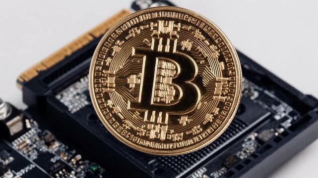 Golden bitcoin coin placed on computer microchip symbolizing blockchain technology digital currency mining security and innovation in financial systems