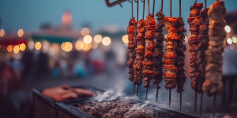 Delicious Grilled Meat Skewers at a Vibrant Night Market