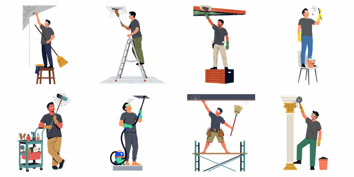 Collection of flat vector illustrations depicting professional male cleaners removing cobwebs and dust from high ceilings and corners using various equipment.