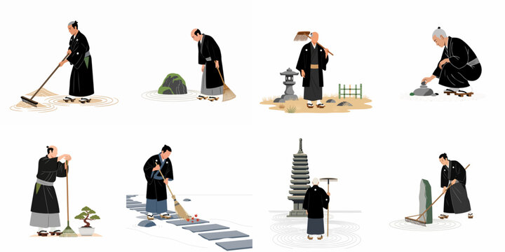 Flat vector illustration set of Japanese monks and gardeners maintaining a Zen rock garden with rakes, brooms, stones, and bonsai trees.