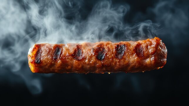A gourmet styled charred sausage, delicately suspended in mid-air amidst wisps of smoke, highlighting a culinary artful presentation that tantalizes the senses and sparks appetites.