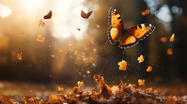 A mesmerizing scene of graceful butterflies fluttering through colorful autumn leaves, capturing the essence of nature&rsquo;s beauty and the transient joys of the season.