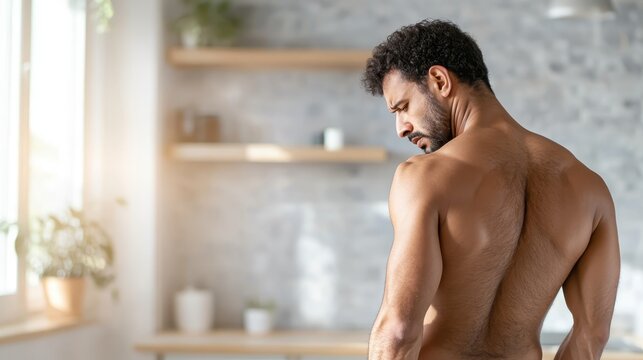 A contemplative and introspective bareback portrait captures a man gazing downward, highlighting vulnerability and emotional depth in a softly lit modern environment.