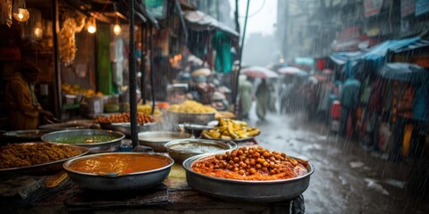 Obraz premium Traditional Street Food Stall in Busy Rainy Market