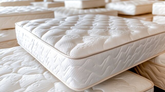 An assortment of pristine, stacked mattresses showcases comfort and elegance, appealing to consumers seeking a relaxing and cozy atmosphere for restful sleep.