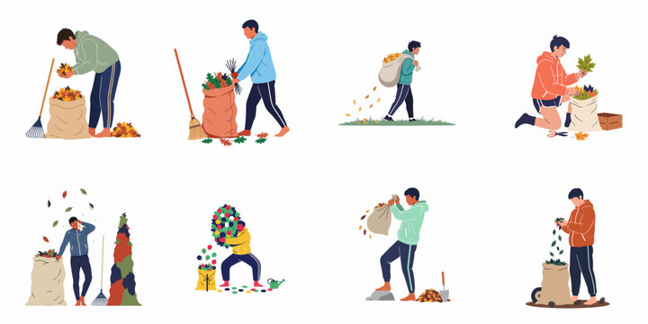 Collection of illustrations showing people cleaning up autumn leaves, raking, and bagging foliage in various outdoor settings.