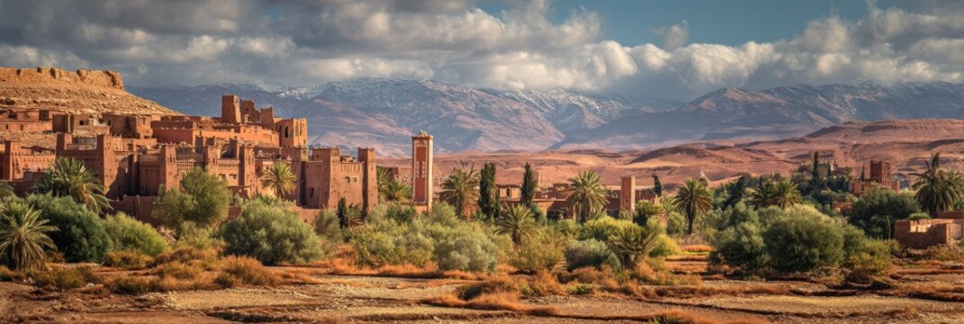 Panoramic view of Ait Benhaddou ancient kasbah in Morocco