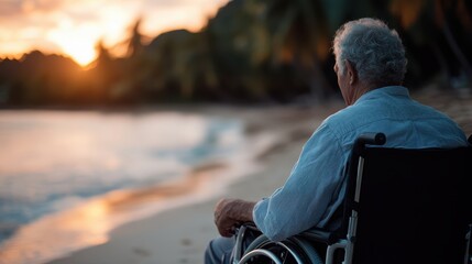 Fototapeta premium An evocative scene of an elderly man in a wheelchair, gazing at a tranquil ocean sunset, highlighting themes of reflection, solitude, and the beauty of nature in life’s later stages.