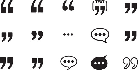 A collection of black typographic quotation marks and speech bubble icons on a white background isolated on transparent background, Vector © MAX