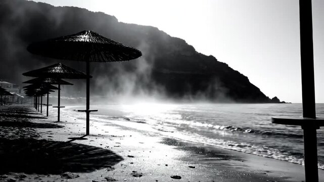 Black and white seaside beach scene with rows of straw umbrellas and mist rising off the ocean