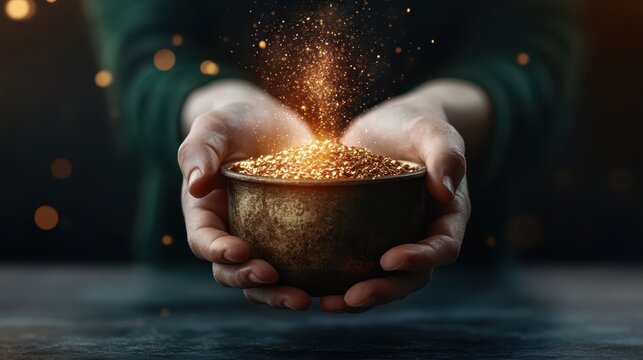 A captivating image of hands cradling a bowl filled with shimmering gold particles, symbolizing richness, creativity, and the magic of dreams in an enchanting setting.