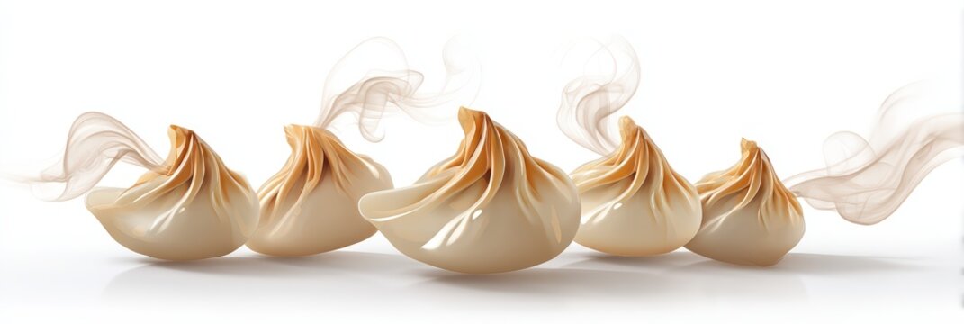 Steaming Hot Xiao Long Bao Soup Dumplings on White Background