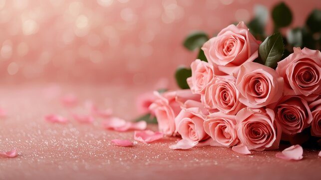 A vibrant bouquet of pink roses beautifully arranged with shimmering backgrounds, ideal for conveying affection, beauty, and romantic gestures in floral photography.