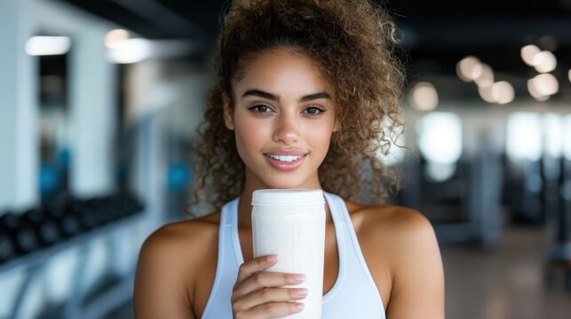 A cheerful young woman holds a protein shake in a gym, radiating health and vitality, showcasing the commitment to fitness and a balanced lifestyle in a vibrant setting.