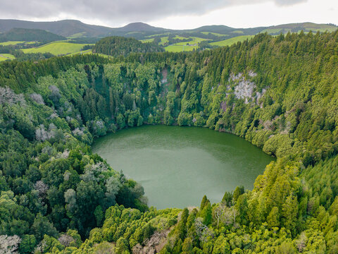 Aerial View of Lagoa do Congro Azores Portugal