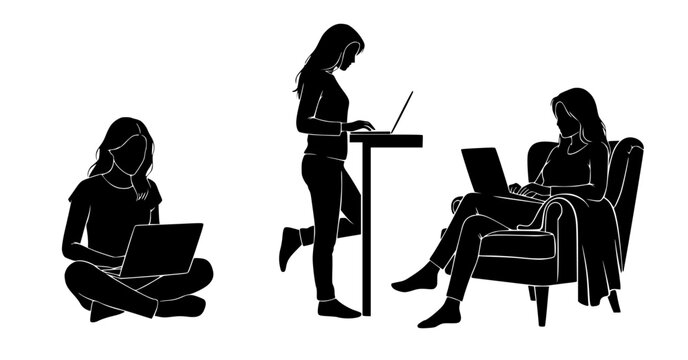 Vector silhouettes of women working remotely on laptops, showcasing adaptable and flexible modern professional lifestyles