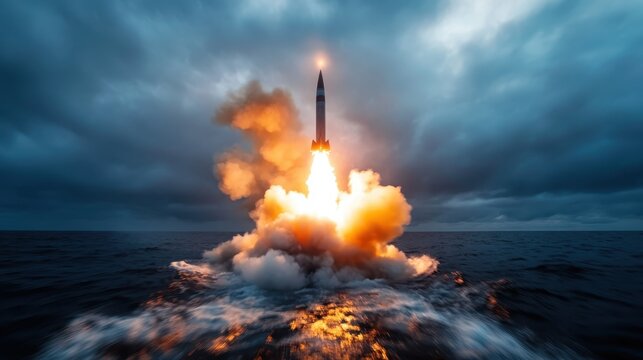 An exhilarating image of a rocket launching dramatically over the ocean, capturing the intensity of technological advancement, exploration, and humanity's quest for the stars.