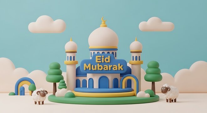 Festive 3 d illustration of a mosque with sheep and clouds for celebration