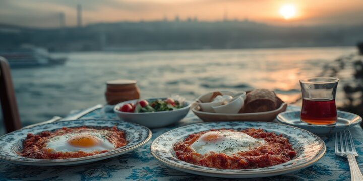 Traditional Turkish Breakfast with Menemen and Tea by Bosphorus