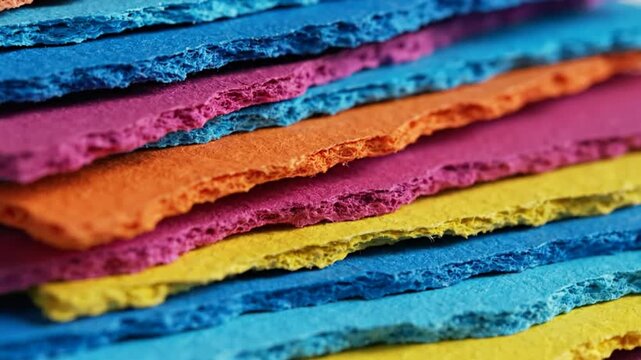Close-up of a vibrant stack of colorful handmade paper in an abstract composition with textured edges and bright hues