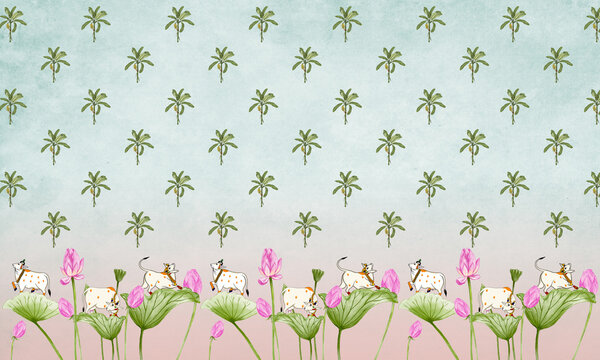 Pichwai, art, illustration, lotus, background, Indian cow, wallpaper, interior, design, Talia, illustration, graphic, drawing, religious, culture, artwork, artistic, art deco, digital and Traditional 