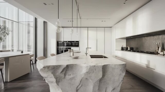 Modern kitchen interior with marble countertop, minimalist design, sleek cabinetry, and elegant lighting for upscale home living.