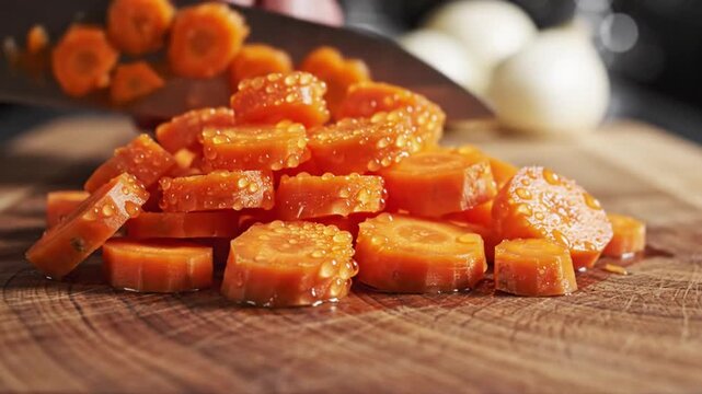 Chopping fresh carrots into coins on a wooden cutting board with a sharp chef's knife for a healthy meal