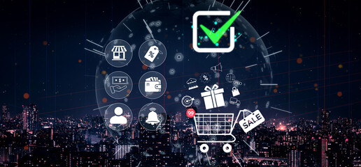 Naklejka premium Futuristic Shopping Concept with Digital Cart and Check Mark Surrounded by E-commerce Icons on City Skyline Background Quark.