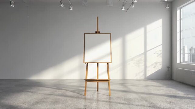 Empty wooden artist's easel stands in bright, modern studio space with natural light and concrete floor, creative workspace.