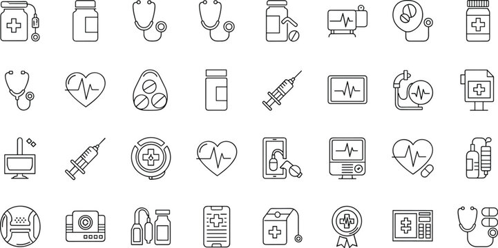 Healthcare Medical Icons Set with Hospital Equipment Heart Monitor Syringe Doctor Tools and Wellness Symbols Outline Vector Illustration for Infographics and App Design